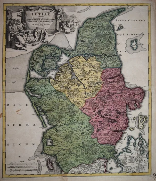 Denmark - Jutland; Johann Baptist Homann - Tabula Generalis Iutiae continens Dioecenses Quatuor, Alburgensem, Wiburgensem, Ripensem et - 1721-1750