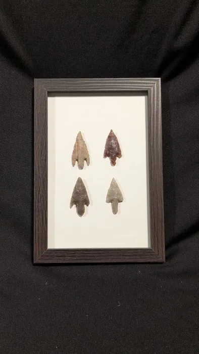 Neolithic Flint Collection of arrowhead points mounted on a frame; Neolithic tools - bifaces; private archaeology - 170 mm