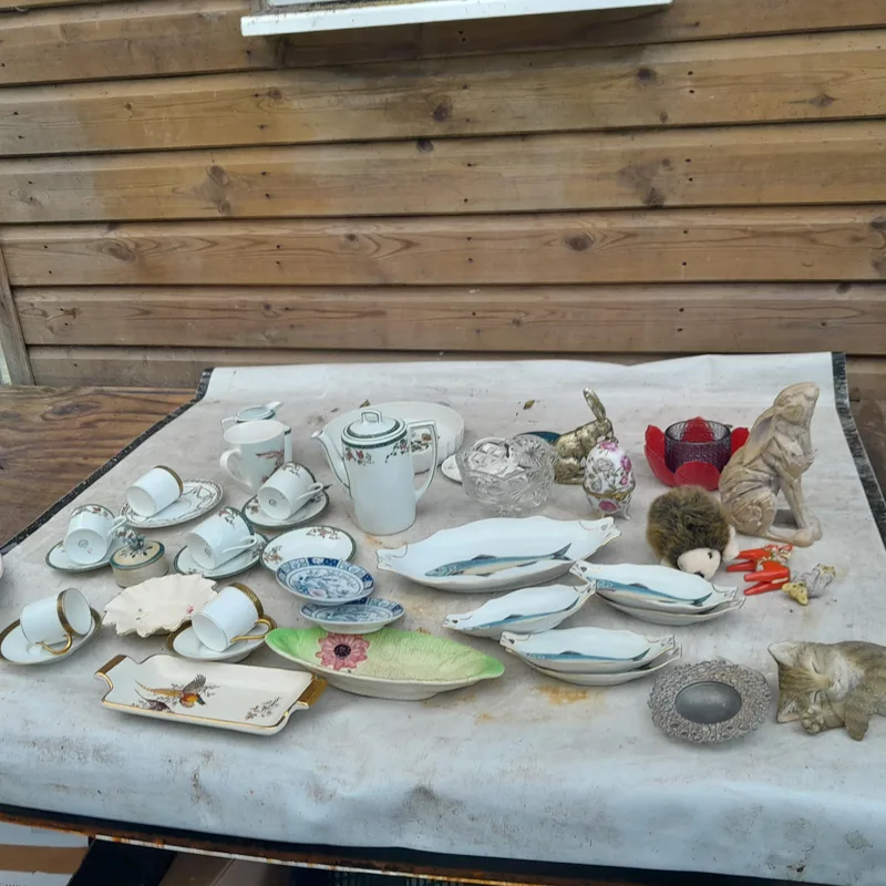 Assorted decorative china : Portmeirion dish, coffee set, resin hare ornament