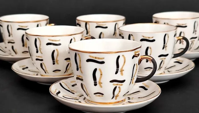 Lomonosov Imperial Porcelain Factory - Larisa Grigorieva, Serafima Yakovleva - Cup and saucer (12) - Tulip – 6 Coffee Duos – 22K Gold & Bronze-Toned Decoration - hard-paste - Vyazanki – Hand-Painted