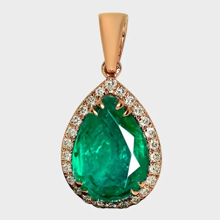 Pendant - 14 kt. IGI 2.05 ct Zambia Green, Rose gold - 2.22ct. tw. Emerald - Diamond