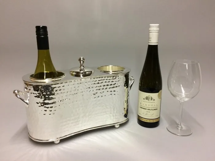 Wine cooler - Wine Cooler for two bottles with compartment for ice-cubes in the middle - Silver plated brass