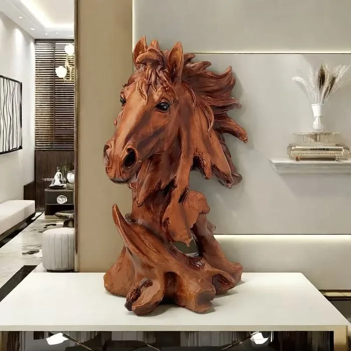 Sculpture, Majestic Horse Head Sculpture – Rustic Wood-Effect Resin - 27.5 cm - Resin, Wood