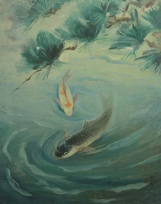 Rare Wartime Japanese Oil Painting "Two Carp" – Dated Koki 2602 - Takeshi Suzuki (鈴木武志) - Japan