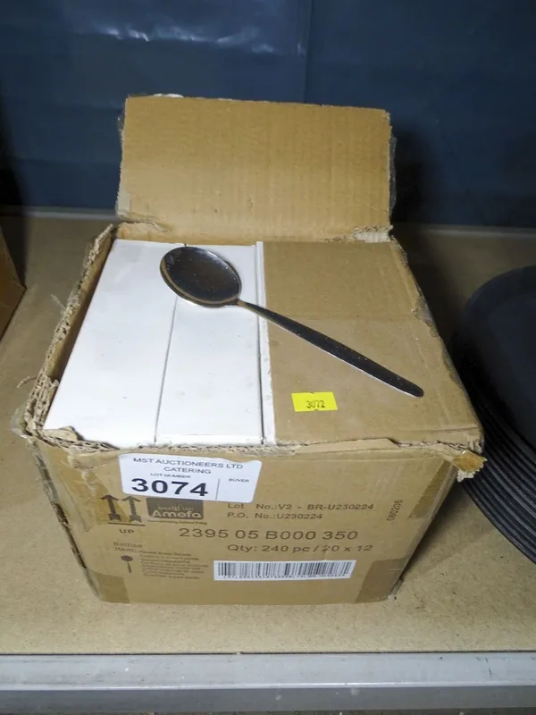 VAT A box containing 240 stainless steel soup spoons by amelo