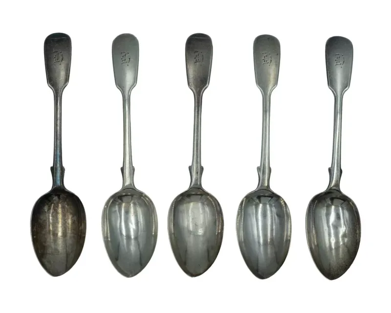 A set of five Victorian silver fiddle pattern teaspoons by H. J. Lias & Son
