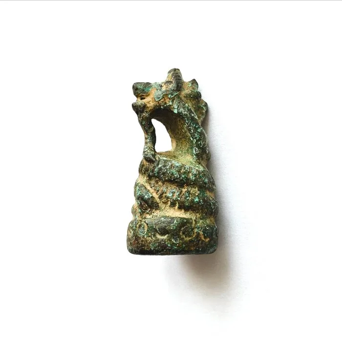 Ancient Indochinese Bronze XS Rolled Up Naga Snake Opium Weight Bead with Magic Words - 37 mm