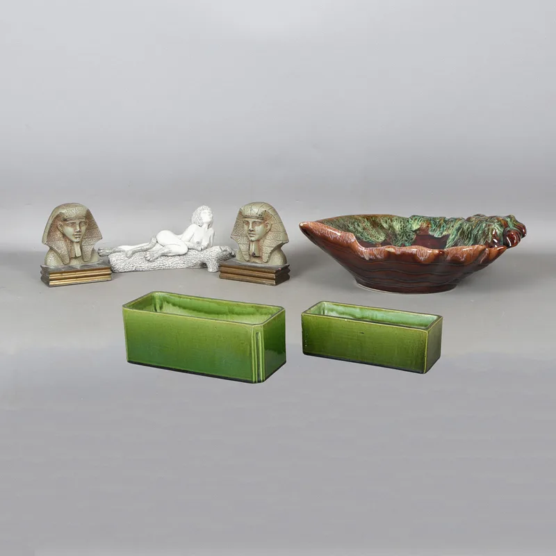 A Pair of Egyptian Style Bookends, Two Bretby Jardinière's, a Shell Dish & a Pottery Figure by Cathy Leonard (6)