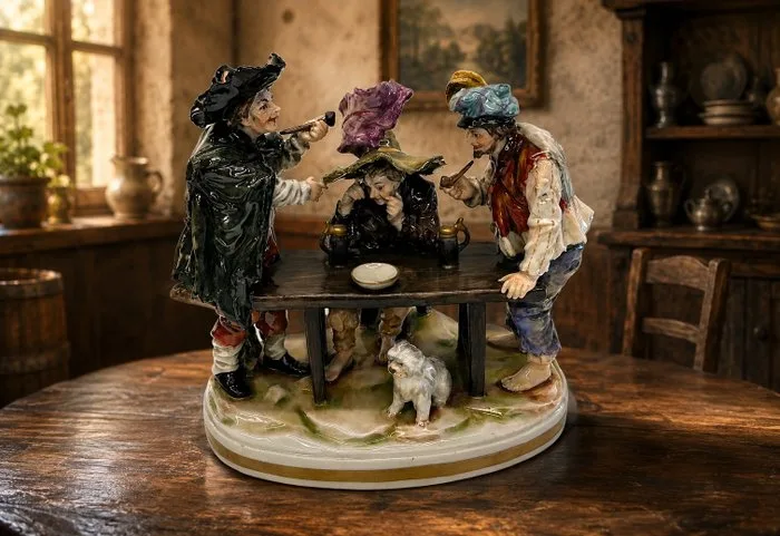 Antieke Volkstedt porseleinen figuurgroep – herbergscène met drie figuren en hond - Figurine - Porcelain