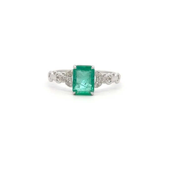 Ring - 14 kt. White gold - 1.05ct. tw. Emerald - Diamond