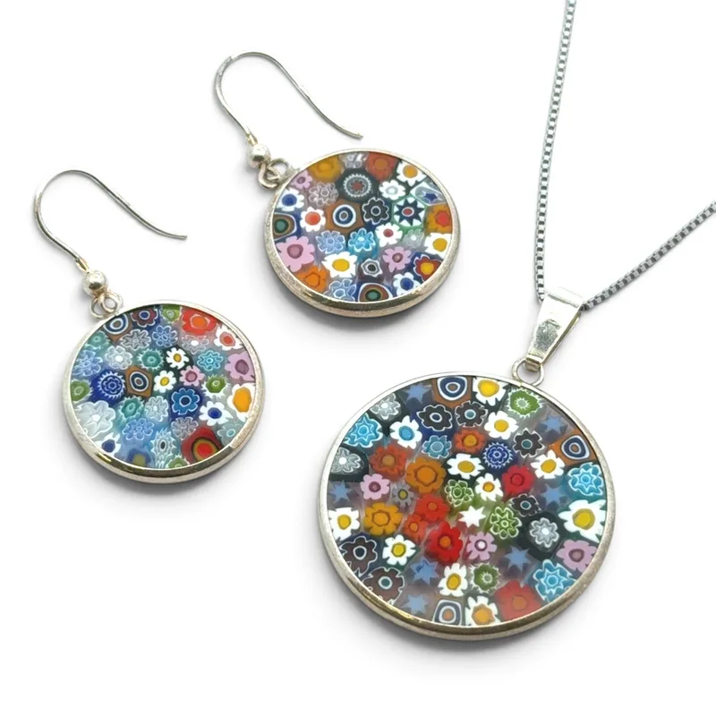 Millefiori Pendant Necklace and Earrings