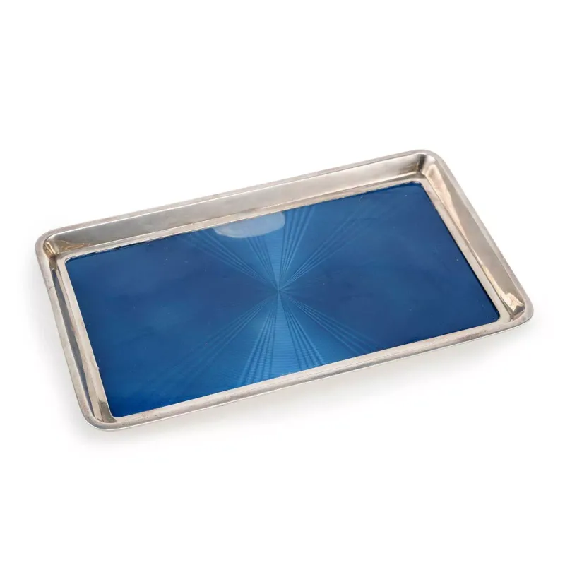 A George V Silver And Enamel Tray by Finnigans Ltd., London 1921, of rectangular form, with a blue guilloché enamel panel,