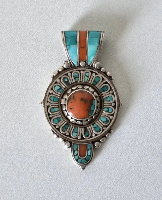 Pendant - Silver, turquoise, Coral - Nepal - second half 20th century