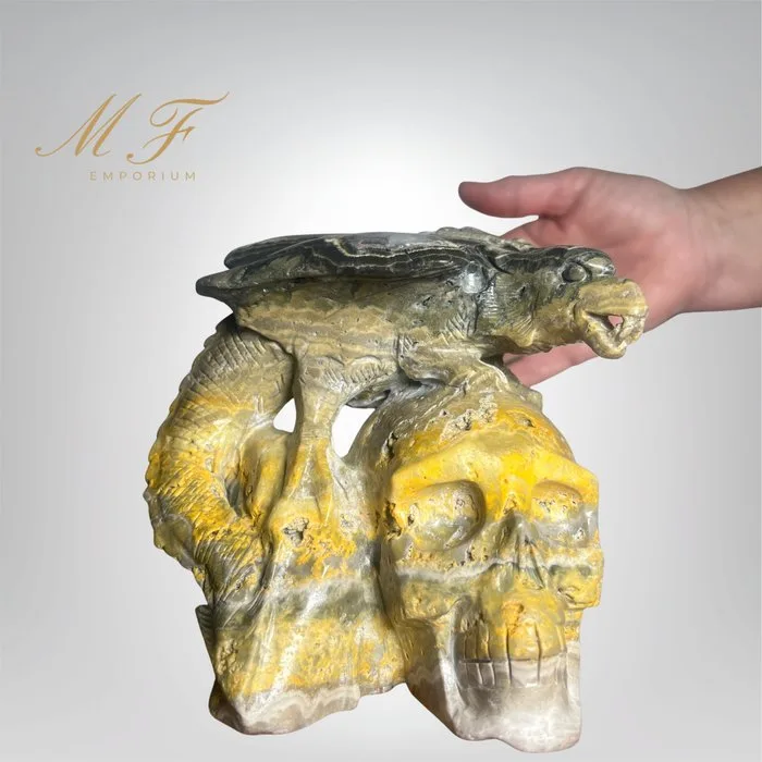 Very rare - skull and dragon in Bumble Jasper XXL Carving - Height: 150 mm - Width: 160 mm- 2000 g - (1)