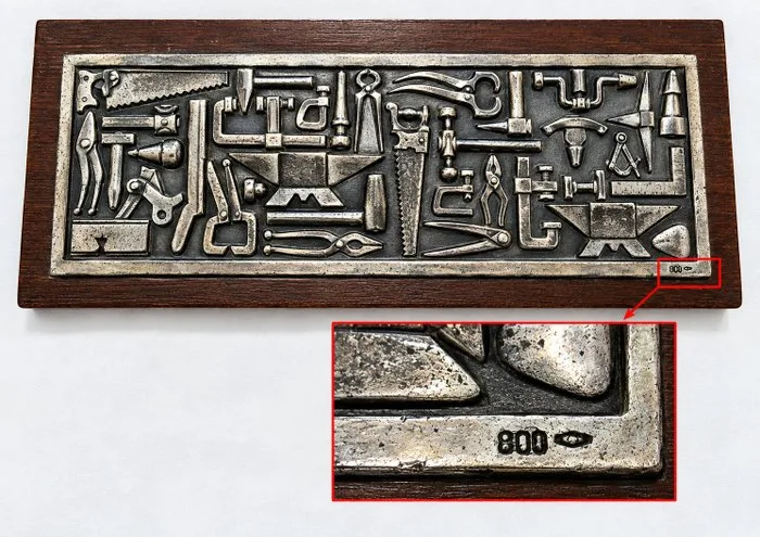 Relief, ⁠Pannello decorativo in argento 800 con strumenti di lavoro - 20 cm -.800 silver
