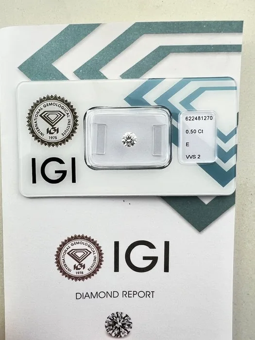 1 pcs Diamond (Natural) - 0.50 ct - Round - E - VVS2 - International Gemological Institute (IGI)