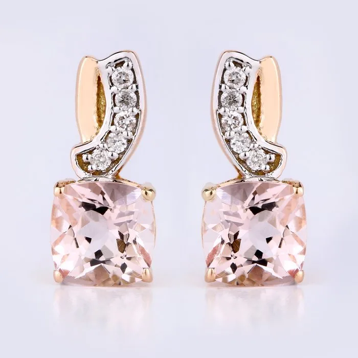 Earrings - 14 kt. Rose gold - 1.09ct. tw. Morganite - Diamond - Certified Gold Jewelry