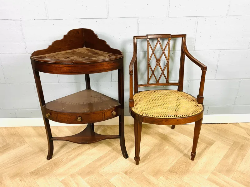 Two items to include an early 19th century inlaid mahogany bow front corner washstand with a shaped top gallery