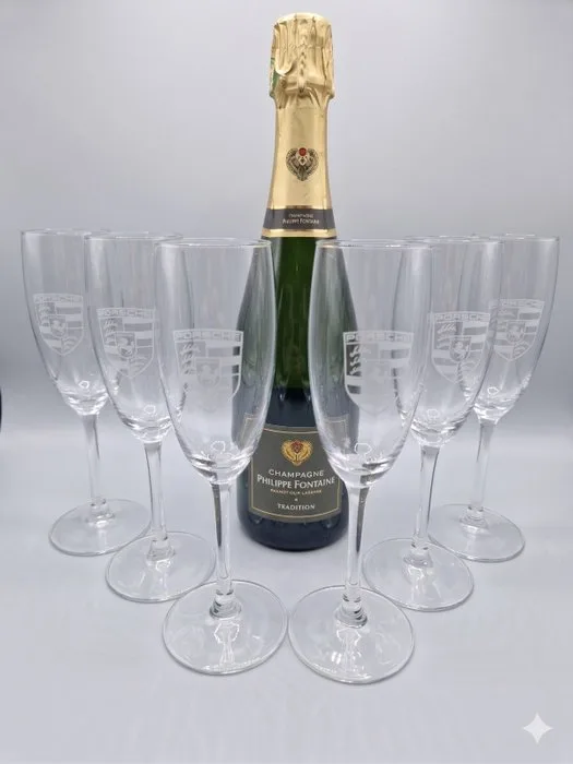 Porsche Crest | UNIQUE Set of 6 Engraved Champagne Flutes | Custom Artisan Glassware | Unique - Porsche
