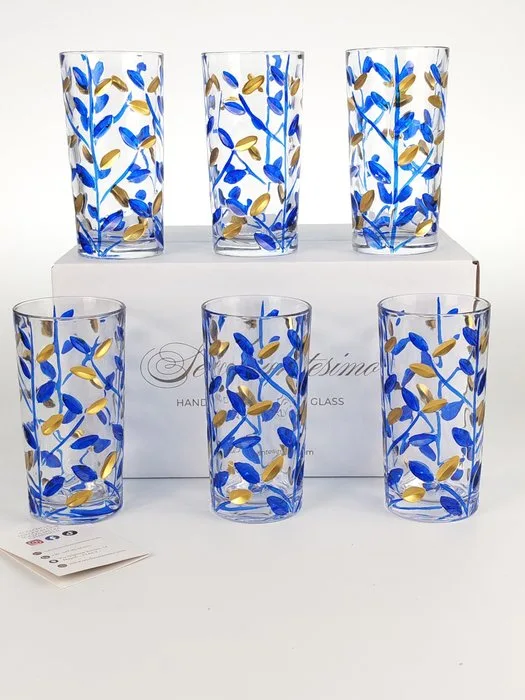 Secoloventesimo - Drinking service (6) - Leaves blu golden glass - Enamel, Crystal - Golden leaves