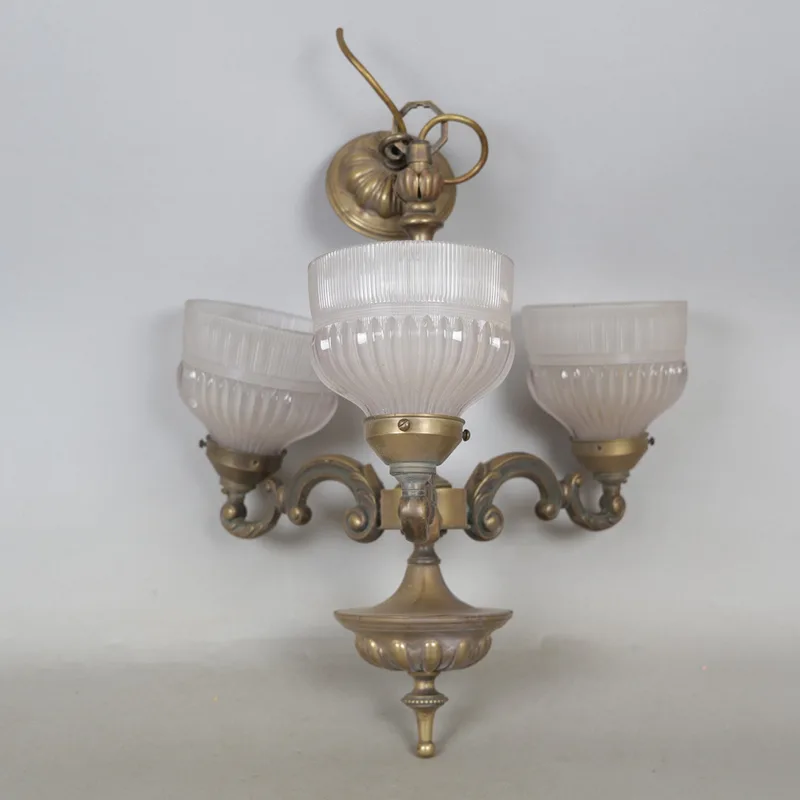 A 20th Century Brass Three Branch Chandelier with Three Opaque Glass Shades