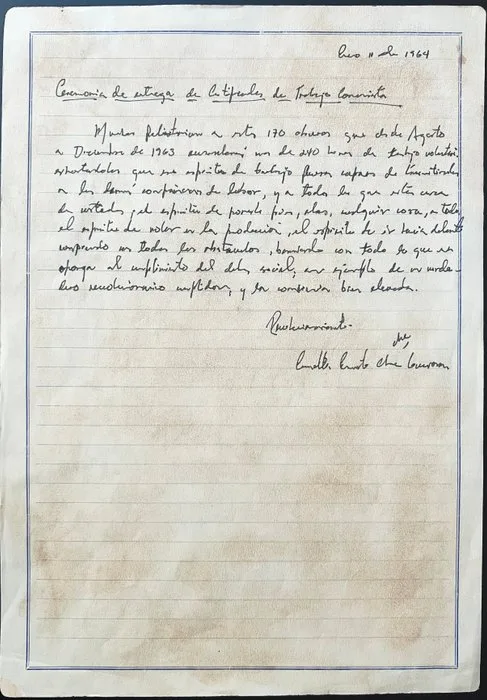 Signed; Che Guevara [with COA] - Ceremony for the presentation of Communist work certificates to 170 workers - 1964