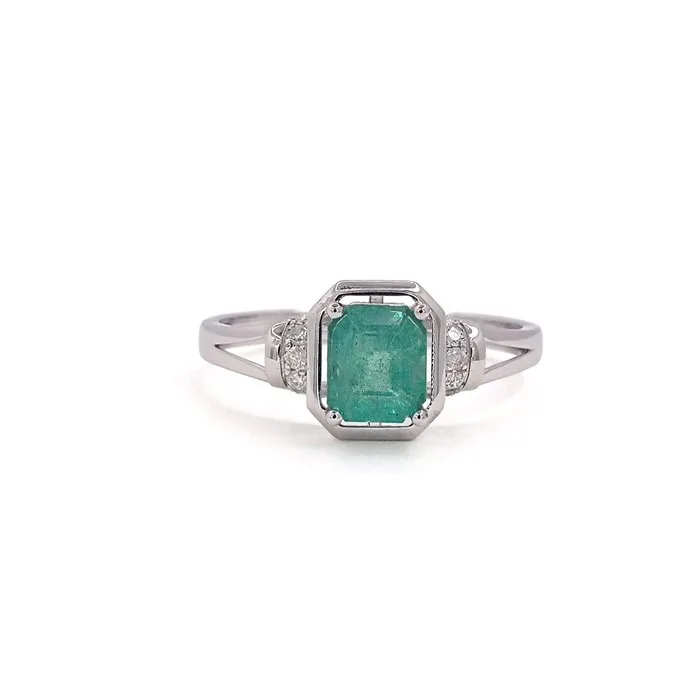 Ring - 14 kt. White gold - 0.77ct. tw. Emerald - Diamond