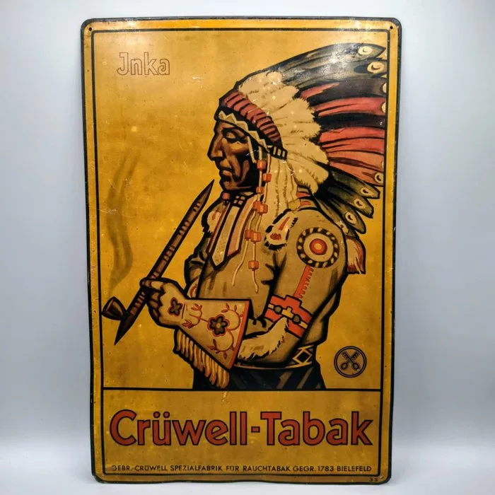 Original Crüwell Inka Tobacco Litho Tinplate Sign, Bielefeld Germany c. 1935, 24 x 36 cm - Advertising sign - Tin