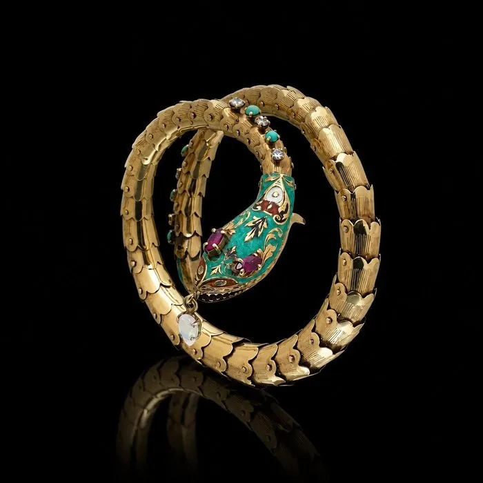 Bracelet - 14 kt. Yellow gold - Bracelet, Vintage 14KT Gold Serpent, Turquoise Enamel, Ruby, Opal and Diamond