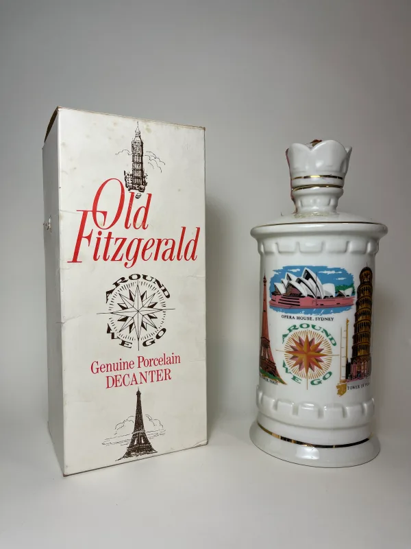 Old Fitzgerald Kentucky Straight Bourbon Whiskey in Around We Go Porcelain Decanter - 1980s