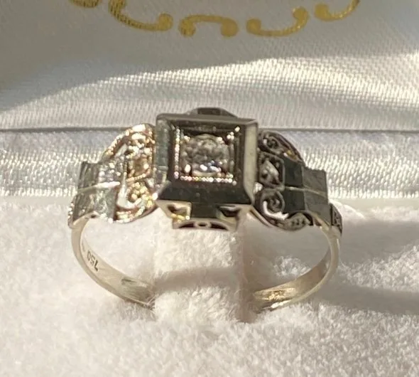 Engagement ring - 18 kt. White gold - 0.10ct. tw. Diamond (Natural coloured) - Diamond - Gold Art Deco ring