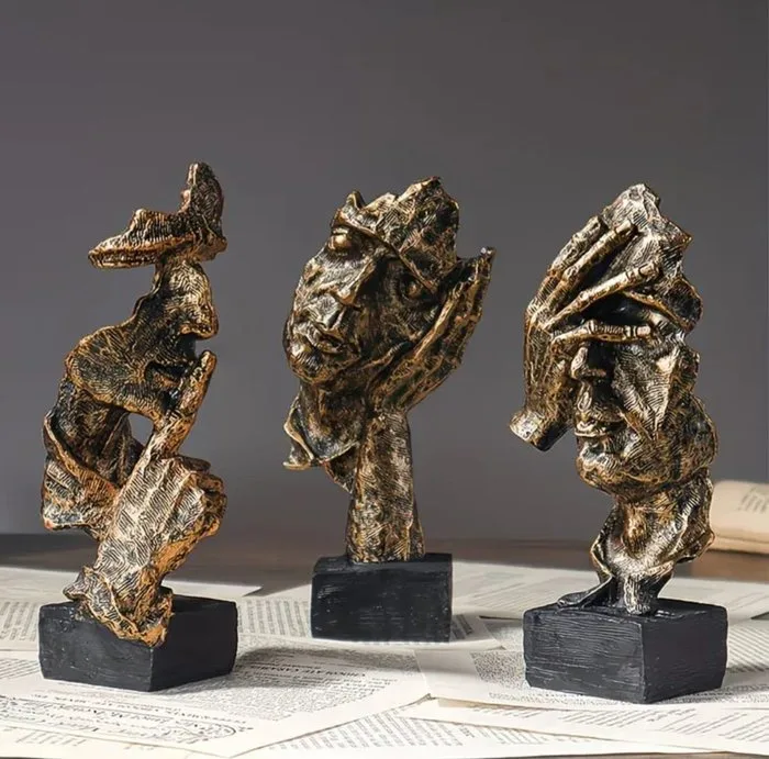 3pcs Golden Sculpture, "*Silence is Golden*" - Sculpture, SILENCE - 16 cm - Resin