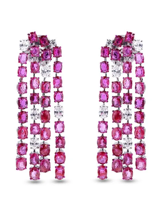 Statement earrings - 14 kt. White gold - 12.76ct. tw. Ruby - Diamond - Non Heat Natural Rubies