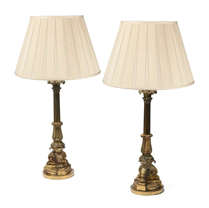 A Pair Of Gilt Bronze Candlestick Table Lamps Late 19th Century With iron loaded bases