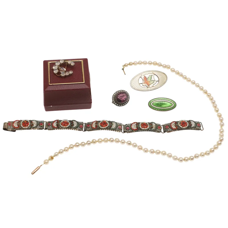 Three Brooches, Micro Mosaic Bracelet, Pendant and Pearl Beads