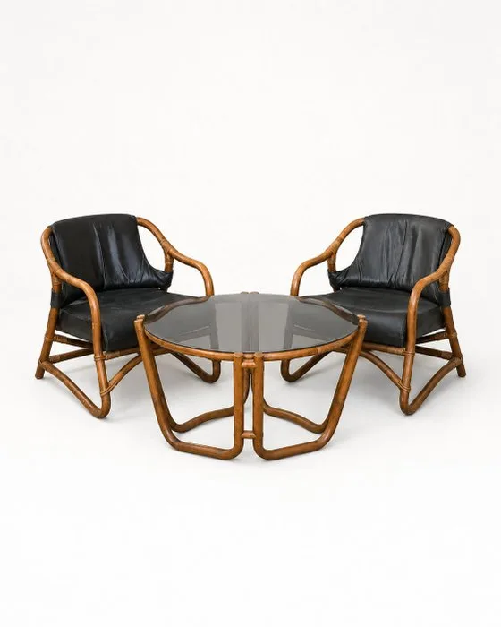 Armchair - Rattan - Two lounge armchairs with a round table with smoked-glass top