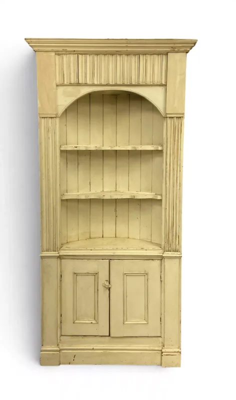 A 19th century painted corner cabinet with open section above panel doors on plinth base. H.198 x