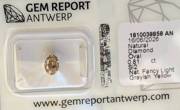 1 pcs Diamond (Natural coloured) - 0,81 ct - Oval - Fancy light Greyish Yellow - SI2 - Gem Report Antwerp (GRA)