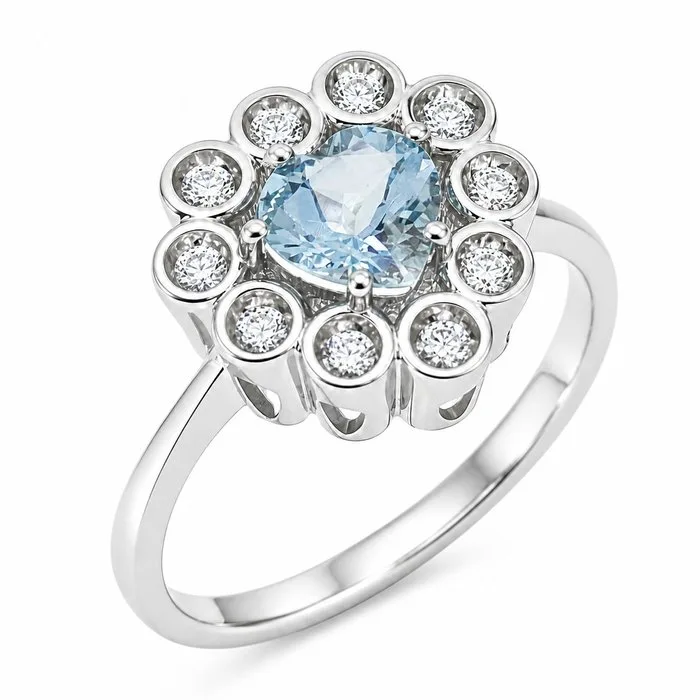 Ring - 18 kt. White gold - 0.77ct. tw. Aquamarine - Diamond - Made in Italy - Handmade