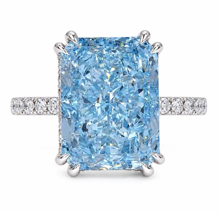Ring - 14 kt. White gold - 13.11ct. tw. Blue Diamond (Fancy coloured lab-grown diamond) - Diamond
