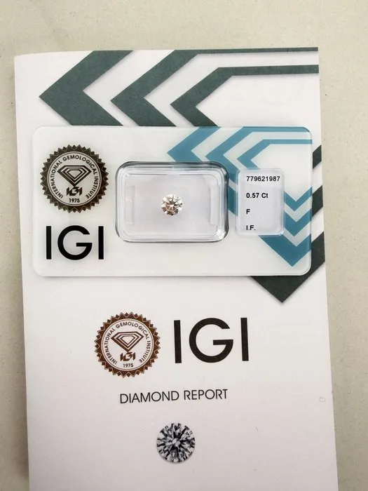 1 pcs Diamond (Natural) - 0.57 ct - Round - F - IF - International Gemological Institute (IGI)