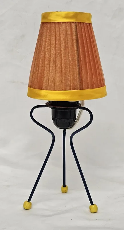 Vintage European Atomic Tripod Lamp, blue supports with yellow ball feet, yellow & orange pleated shade approx.