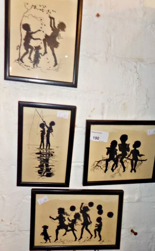 4 early silohuette pictures of children playing momogrammed B.M.D