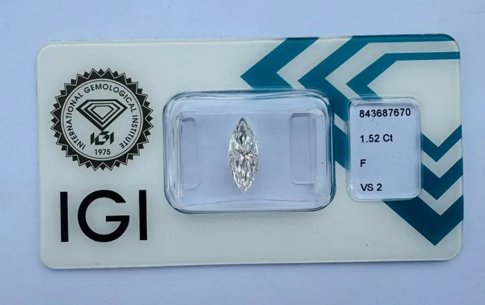 1 pcs Diamond (Natural) - 1.52 ct - Marquise - F - VS2 - International Gemological Institute (IGI) - *VG None*