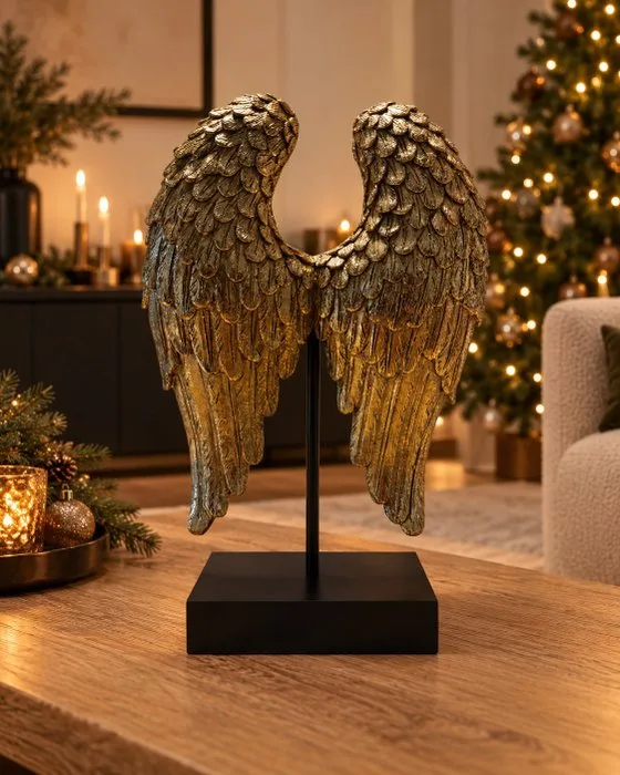 Sculpture, Engelenvleugels op sokkel – goudkleurig - glitters - 30 cm - Composite