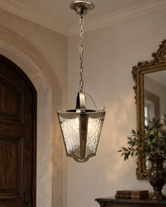 Mid-Century hallamp – structuurglas / ice glass – nikkelkleurig metaal - Lamp - Glass, Metal - Mid-century hall lamp