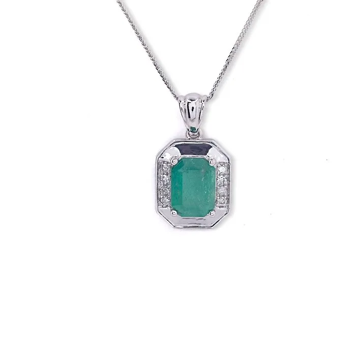 Necklace with pendant - 14 kt. White gold - 1.00ct. tw. Emerald - Diamond