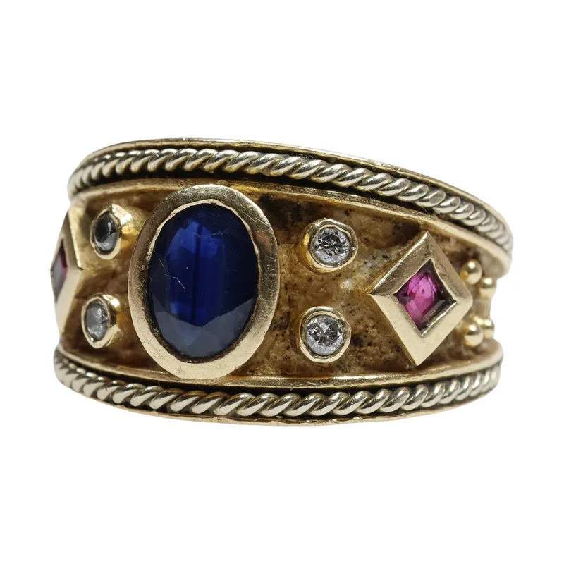 Yellow Metal Sapphire, Ruby and Diamond Byzantine Style Ring, Marked 14K, 7.16 Grams