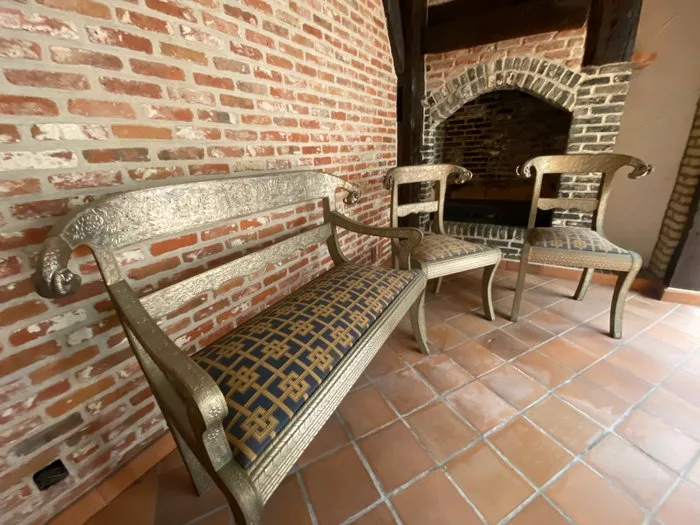 4 chairs and a bench - Wood, sheet metal - India - Early 20th century