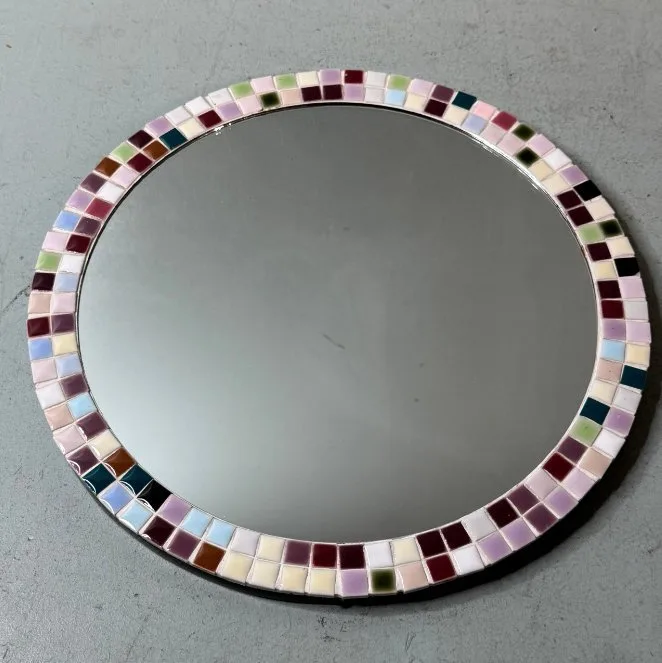 Mirror - Wood, mosaic - 1950s Mid-Century Round Mosaic Mirror